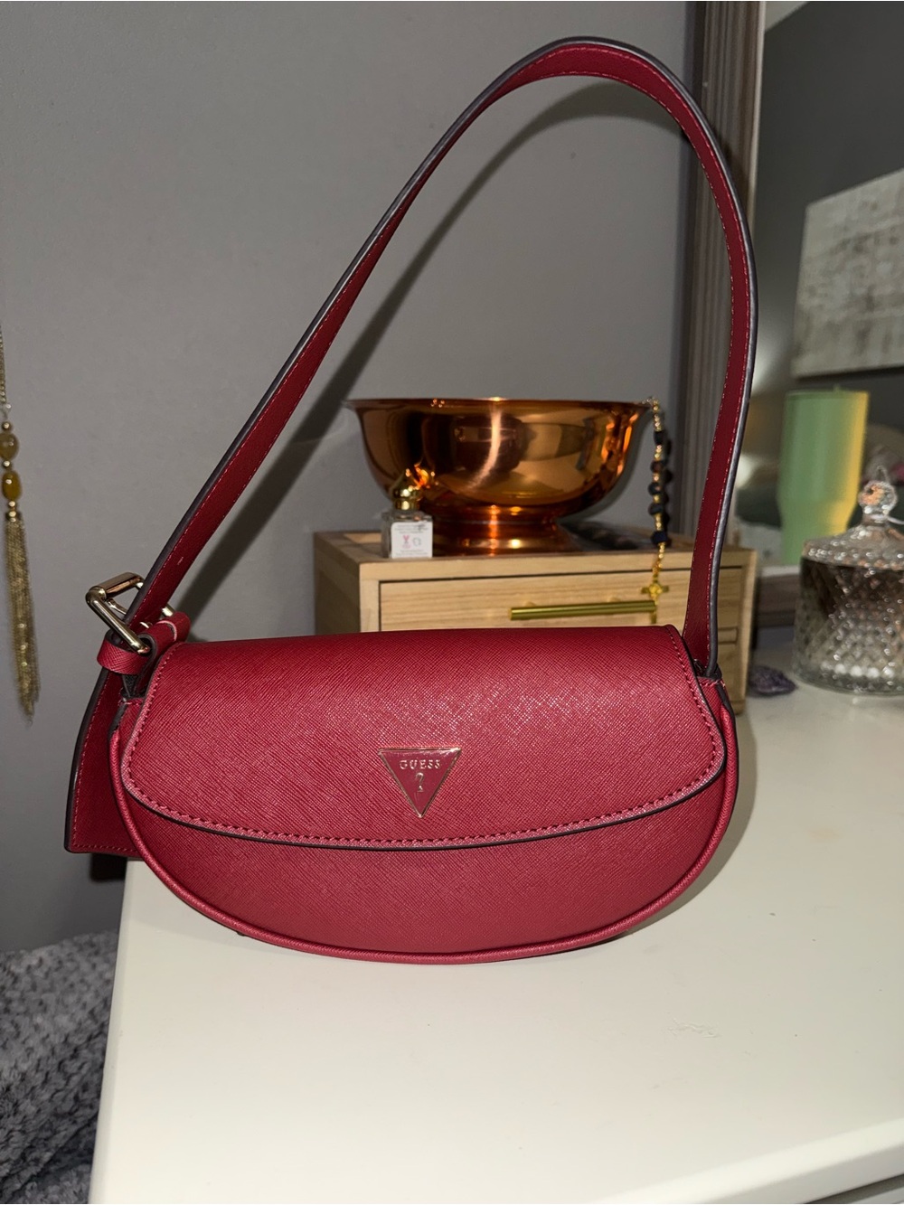 GUESS Red Shoulder Bag with Triangular Logo